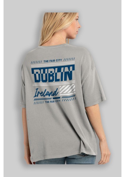 Dublin Arka Baskılı Gri Oversize T-Shirt Unisex Erkek Kadın Bisiklet Yaka modelleri