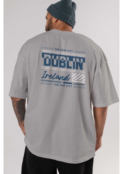 Dublin Arka Baskılı Gri Oversize T-Shirt Unisex Erkek Kadın Bisiklet Yaka indirimleri