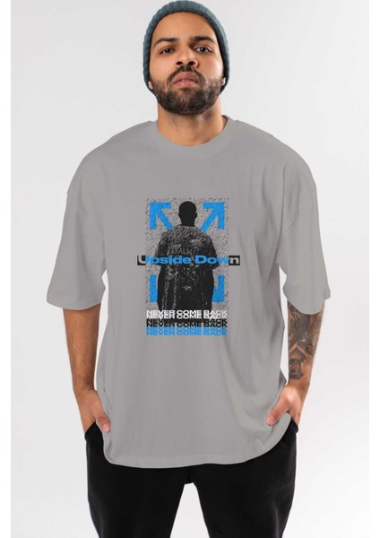 Upside Down Ön Baskılı Gri Oversize T-Shirt Unisex Erkek Kadın Bisiklet Yaka