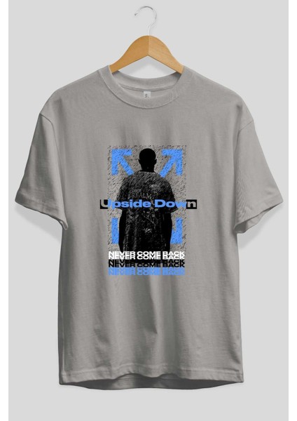 Upside Down Ön Baskılı Gri Oversize T-Shirt Unisex Erkek Kadın Bisiklet Yaka fiyatları