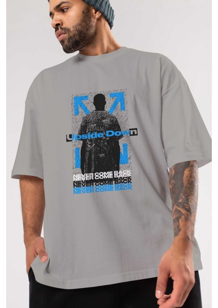 Upside Down Ön Baskılı Gri Oversize T-Shirt Unisex Erkek Kadın Bisiklet Yaka modelleri