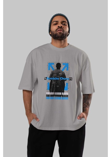 Upside Down Ön Baskılı Gri Oversize T-Shirt Unisex Erkek Kadın Bisiklet Yaka indirimleri