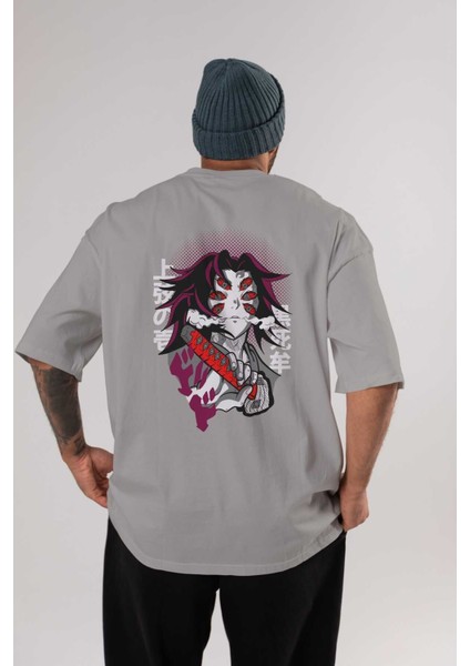 Kokushibo Demon Slayer Anime Arka Baskılı Gri Oversize T-Shirt %100 Pamuk Erkek Kadın