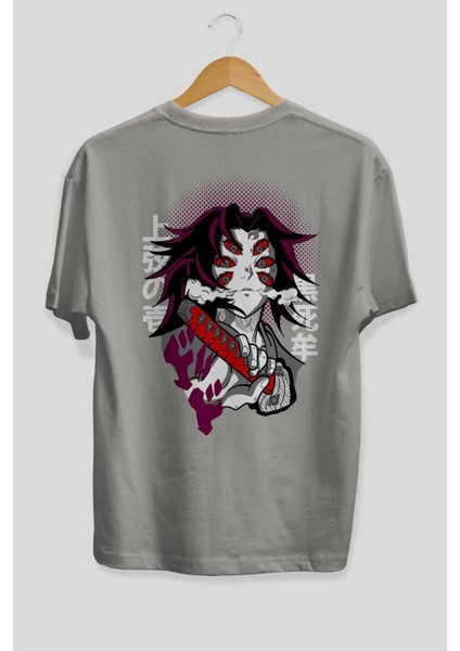Kokushibo Demon Slayer Anime Arka Baskılı Gri Oversize T-Shirt %100 Pamuk Erkek Kadın fiyatları