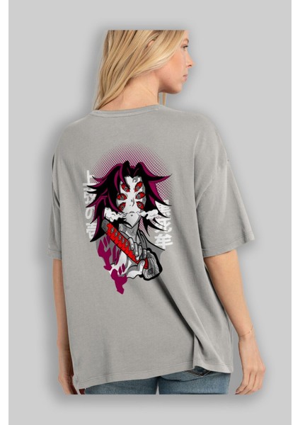 Kokushibo Demon Slayer Anime Arka Baskılı Gri Oversize T-Shirt %100 Pamuk Erkek Kadın modelleri