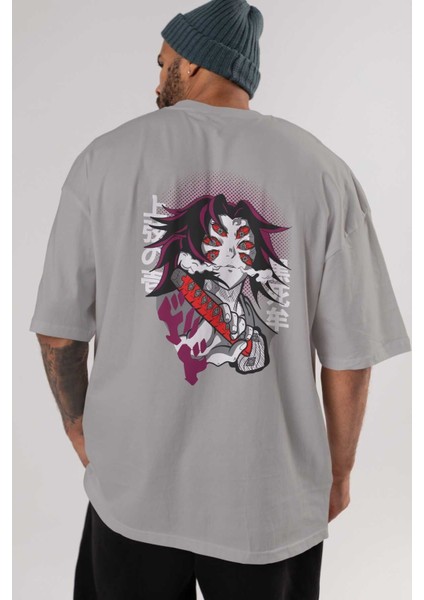 Kokushibo Demon Slayer Anime Arka Baskılı Gri Oversize T-Shirt %100 Pamuk Erkek Kadın indirimleri