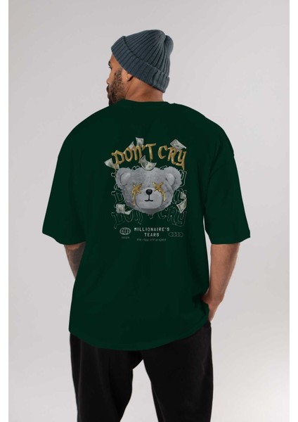 Dont Cry Bear Arka Baskılı Zümrüt Yeşili Oversize T-Shirt Unisex Erkek Kadın Bisiklet Yaka indirimleri