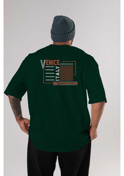 Venice Arka Baskılı Zümrüt Yeşili Oversize T-Shirt Erkek Kadın Bisiklet Yaka