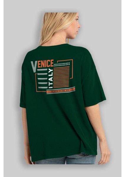 Venice Arka Baskılı Zümrüt Yeşili Oversize T-Shirt Erkek Kadın Bisiklet Yaka fırsatları