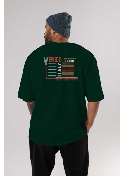 Venice Arka Baskılı Zümrüt Yeşili Oversize T-Shirt Erkek Kadın Bisiklet Yaka indirimleri