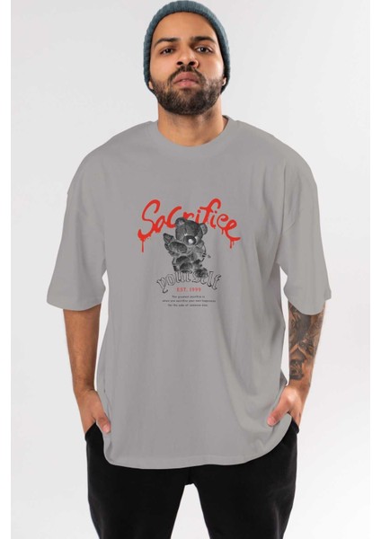 Sacrifice Yourself Bear Ön Baskılı Gri Oversize T-Shirt Unisex Erkek Kadın Bisiklet Yaka