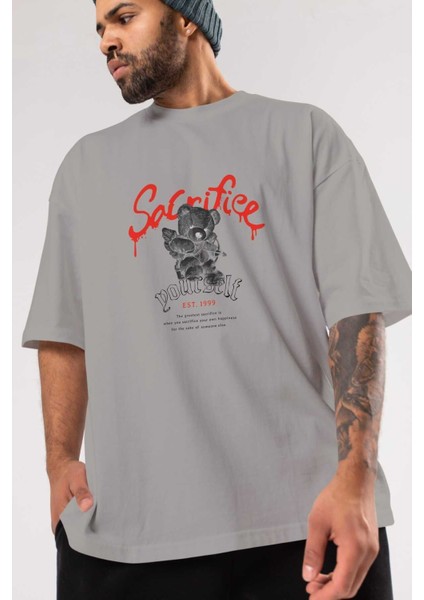Sacrifice Yourself Bear Ön Baskılı Gri Oversize T-Shirt Unisex Erkek Kadın Bisiklet Yaka modelleri
