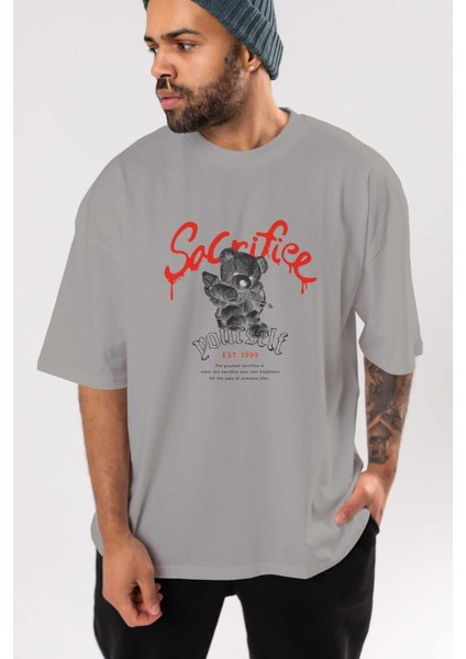 Sacrifice Yourself Bear Ön Baskılı Gri Oversize T-Shirt Unisex Erkek Kadın Bisiklet Yaka indirimleri