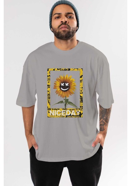 Niceday Streewear Ön Baskılı Gri Oversize T-Shirt Unisex Erkek Kadın Bisiklet Yaka