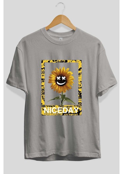 Niceday Streewear Ön Baskılı Gri Oversize T-Shirt Unisex Erkek Kadın Bisiklet Yaka fiyatları