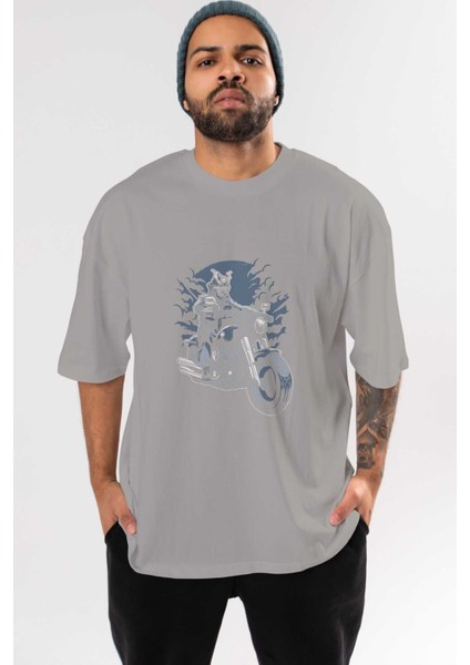 Samurai Ride Ön Baskılı Gri Oversize T-Shirt Unisex Erkek Kadın Bisiklet Yaka