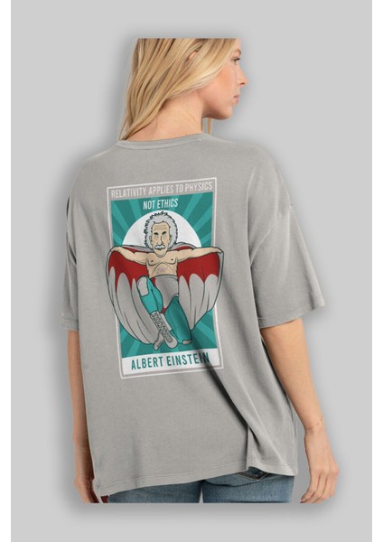 Nacho Libre Einstein Arka Baskılı Gri Oversize T-Shirt Unisex Erkek Kadın Bisiklet Yaka modelleri