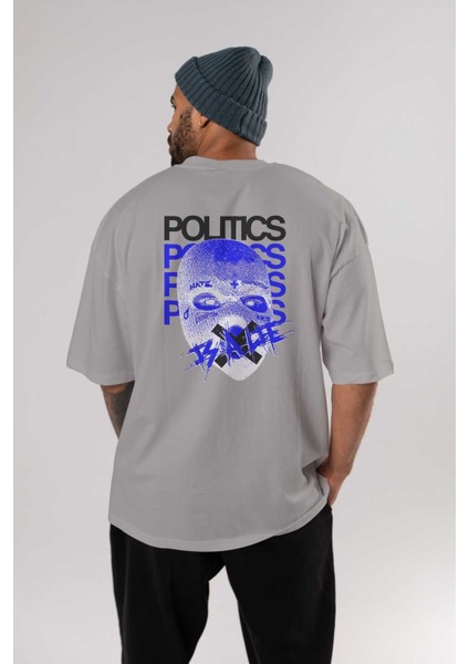 Politics Is A Lie Arka Baskılı Gri Oversize T-Shirt Unisex Erkek Kadın Bisiklet Yaka fırsatları