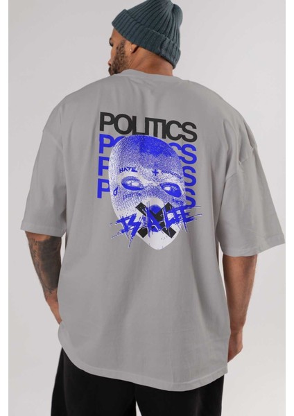 Politics Is A Lie Arka Baskılı Gri Oversize T-Shirt Unisex Erkek Kadın Bisiklet Yaka indirimleri