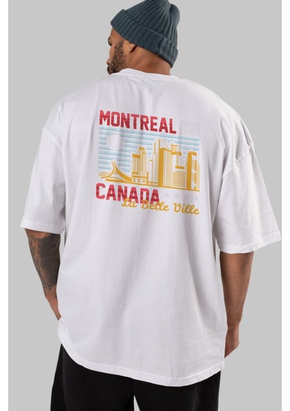 Montreal Arka Baskılı Beyaz Oversize T-Shirt Erkek Kadın Bisiklet Yaka