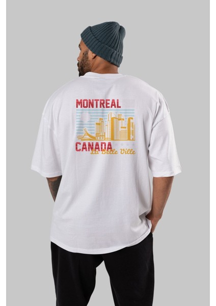 Montreal Arka Baskılı Beyaz Oversize T-Shirt Erkek Kadın Bisiklet Yaka fiyatları