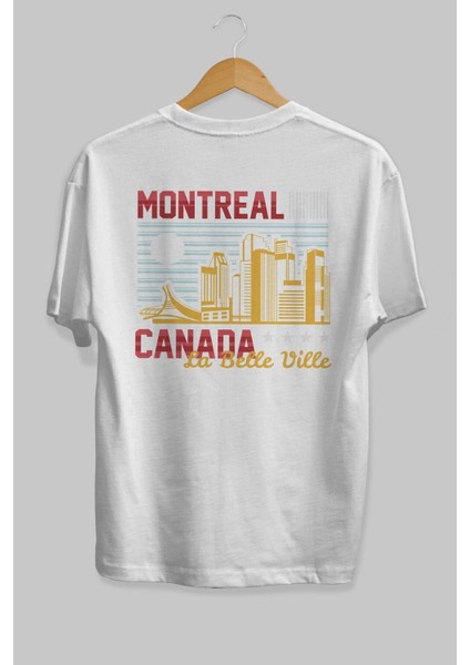 Montreal Arka Baskılı Beyaz Oversize T-Shirt Erkek Kadın Bisiklet Yaka modelleri