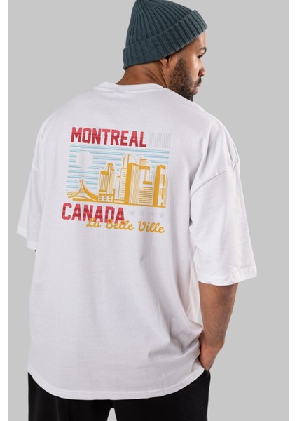 Montreal Arka Baskılı Beyaz Oversize T-Shirt Erkek Kadın Bisiklet Yaka fırsatları