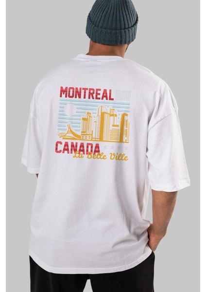 Montreal Arka Baskılı Beyaz Oversize T-Shirt Erkek Kadın Bisiklet Yaka indirimleri