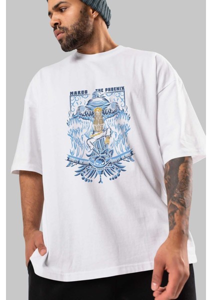 Marco El Fenıx One Piece Anime Ön Baskılı Beyaz Oversize T-Shirt Erkek Kadın modelleri