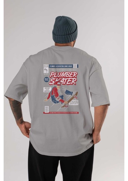 Plumber Skater Arka Baskılı Gri Oversize T-Shirt Unisex Erkek Kadın Bisiklet Yaka