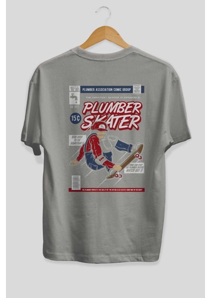 Plumber Skater Arka Baskılı Gri Oversize T-Shirt Unisex Erkek Kadın Bisiklet Yaka fiyatları