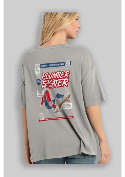 Plumber Skater Arka Baskılı Gri Oversize T-Shirt Unisex Erkek Kadın Bisiklet Yaka modelleri