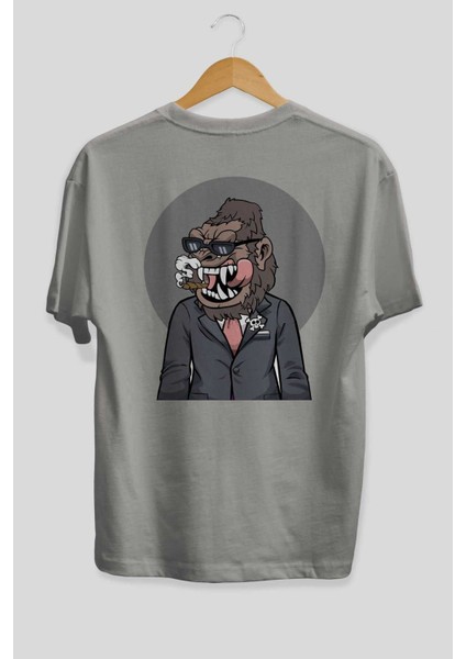 Monkey Suits Arka Baskılı Gri Oversize T-Shirt Unisex Erkek Kadın Bisiklet Yaka fiyatları