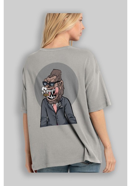 Monkey Suits Arka Baskılı Gri Oversize T-Shirt Unisex Erkek Kadın Bisiklet Yaka modelleri