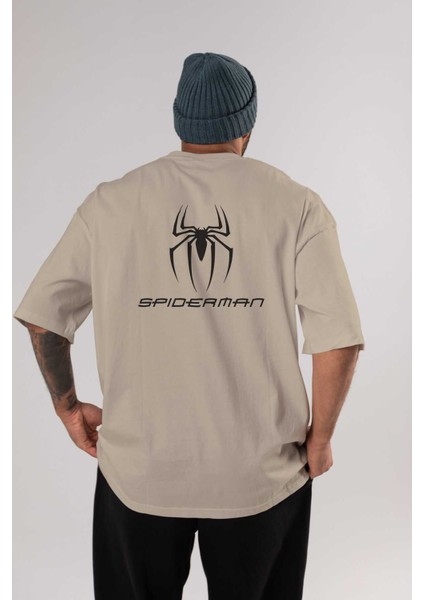 Spiderman Arka Baskılı Bej Oversize T-Shirt Unisex Erkek Kadın Bisiklet Yaka
