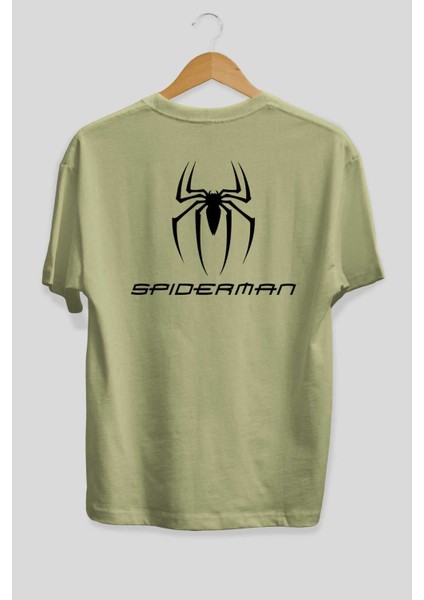 Spiderman Arka Baskılı Bej Oversize T-Shirt Unisex Erkek Kadın Bisiklet Yaka fiyatları