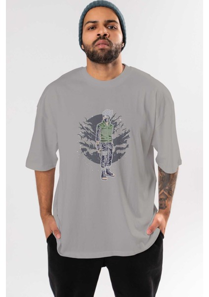 Shınobı Ön Baskılı Gri Oversize T-Shirt Unisex Erkek Kadın Bisiklet Yaka