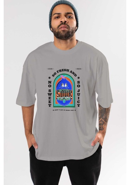 So Fresh And Sour Ön Baskılı Gri Oversize T-Shirt Unisex Erkek Kadın Bisiklet Yaka