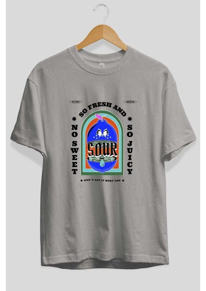 So Fresh And Sour Ön Baskılı Gri Oversize T-Shirt Unisex Erkek Kadın Bisiklet Yaka fiyatları