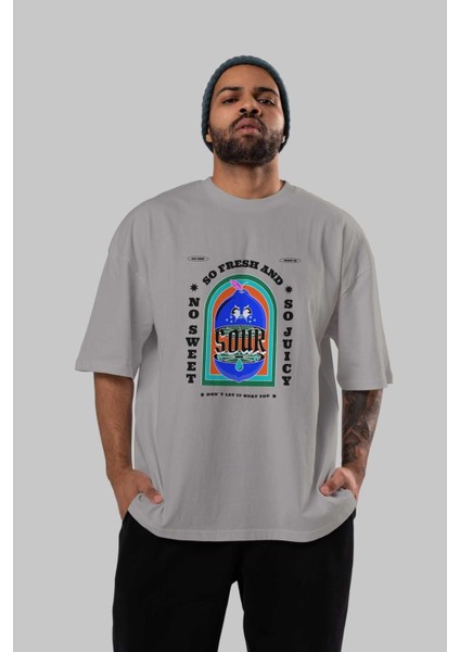 So Fresh And Sour Ön Baskılı Gri Oversize T-Shirt Unisex Erkek Kadın Bisiklet Yaka indirimleri