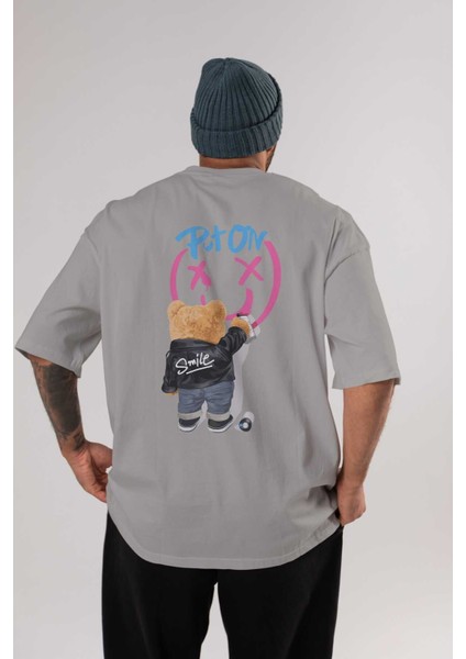 Put On Smile Bear Arka Baskılı Gri Oversize T-Shirt Unisex Erkek Kadın Bisiklet Yaka