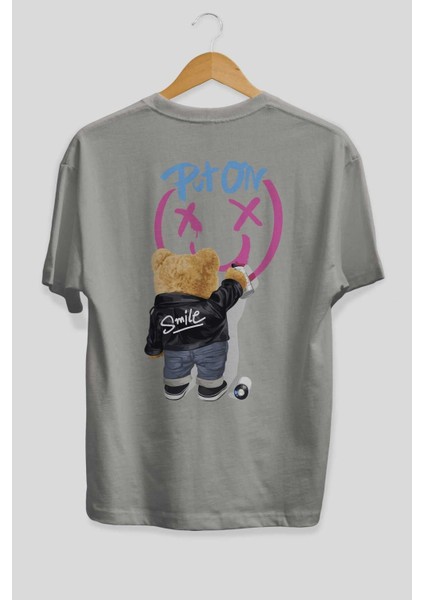 Put On Smile Bear Arka Baskılı Gri Oversize T-Shirt Unisex Erkek Kadın Bisiklet Yaka fiyatları