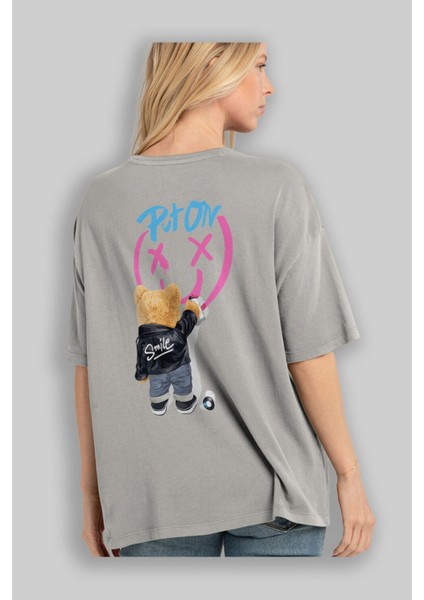 Put On Smile Bear Arka Baskılı Gri Oversize T-Shirt Unisex Erkek Kadın Bisiklet Yaka modelleri
