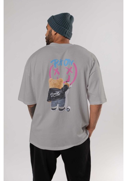 Put On Smile Bear Arka Baskılı Gri Oversize T-Shirt Unisex Erkek Kadın Bisiklet Yaka fırsatları