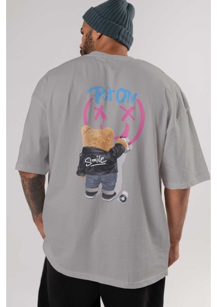 Put On Smile Bear Arka Baskılı Gri Oversize T-Shirt Unisex Erkek Kadın Bisiklet Yaka indirimleri