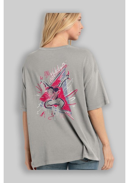 Spiderman (23) Arka Baskılı Gri Oversize T-Shirt Bisiklet Yaka Pamuk Erkek Kadın modelleri