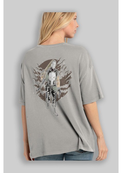 Punisher Arka Baskılı Gri Oversize T-Shirt Unisex Erkek Kadın Bisiklet Yaka modelleri