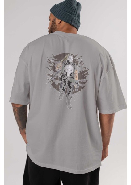Punisher Arka Baskılı Gri Oversize T-Shirt Unisex Erkek Kadın Bisiklet Yaka indirimleri