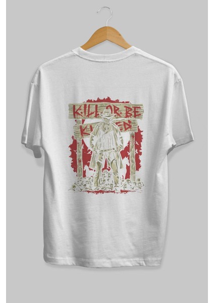 Kill Or Be Killed Arka Baskılı Beyaz Oversize T-Shirt Erkek Kadın Bisiklet Yaka fiyatları