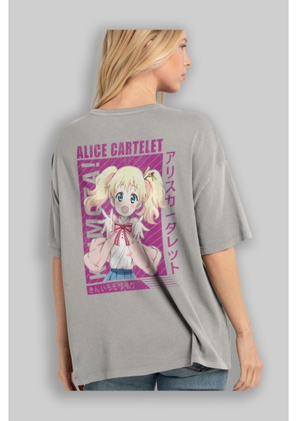 Alice Cartelet 12 Anime Arka Baskılı Gri Oversize T-Shirt %100 Pamuk Erkek Kadın modelleri